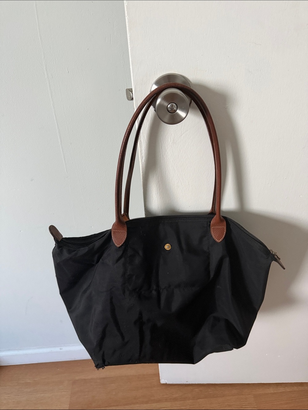 Longchamp Black Nylon Tote with Brown Leather Handles